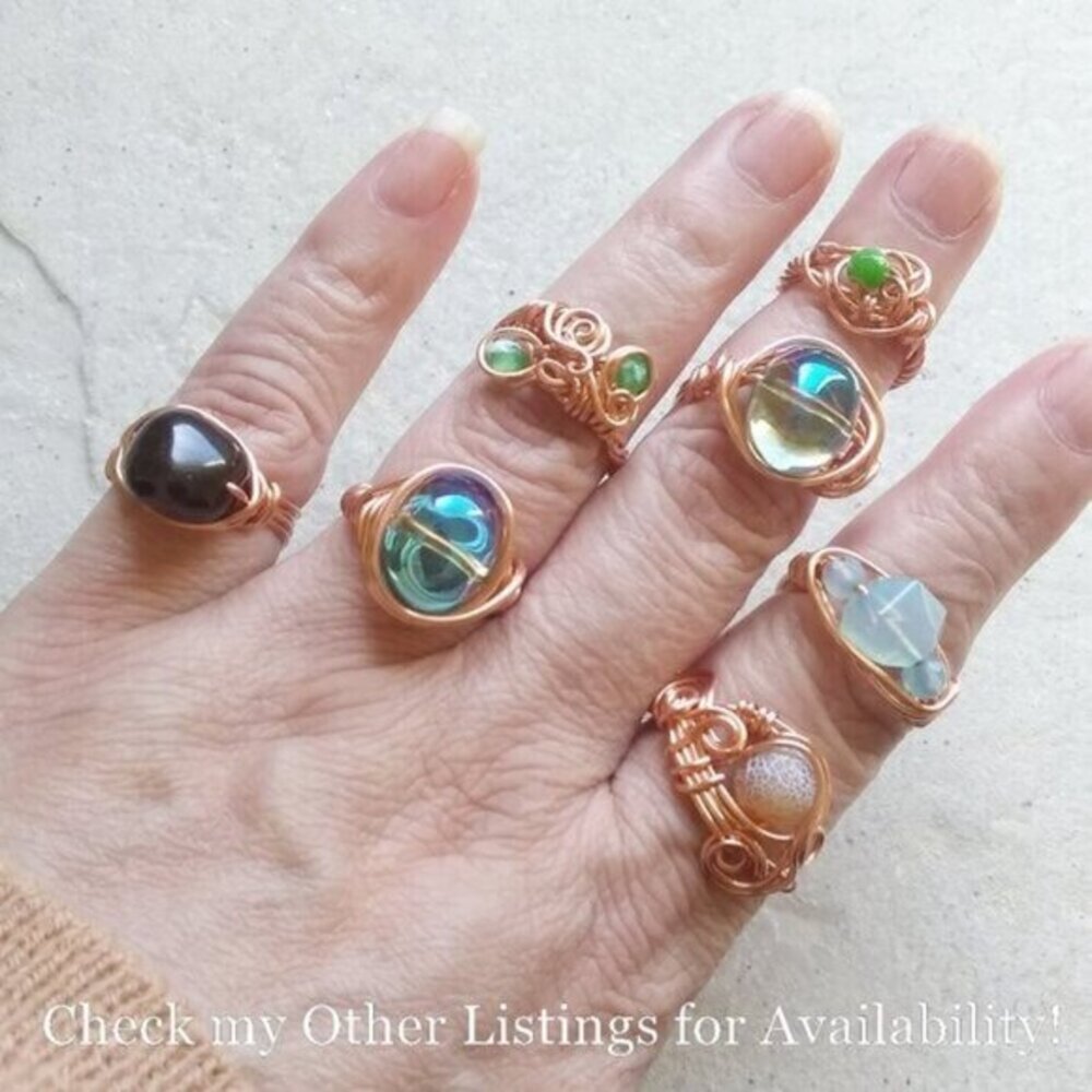 Wire Wrapped Copper & Bright Green Fire Agate Ring! Petite or Girl Starter Sz 4 - Picture 8 of 9